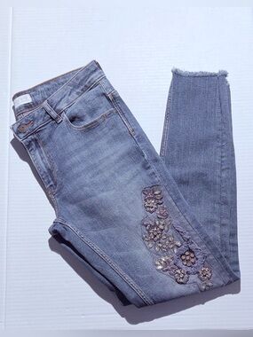 Zara Embellished Skinny Jeans Medium Wash Blue Denim Size 6 Rhinestones Z1975